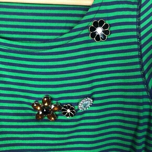Isaac Mizrahi Live Green & Blue Striped Brooch Embellished Long Sleeve T-Shirt - Picture 6 of 6
